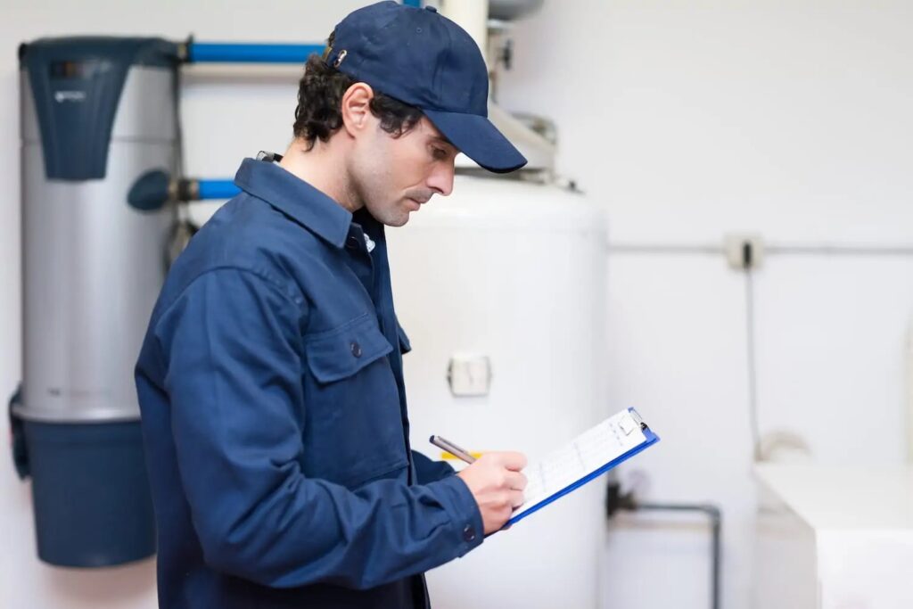 Technician with a clipboard in front of traditional & tankless water heater